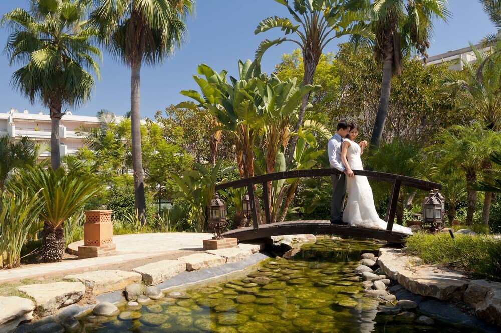 Small bridge crossing a pond in the hotel gardens