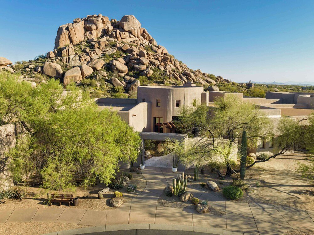 Desert landscape with a large rock formation at Boulders Resort, Scottsdale, Arizona