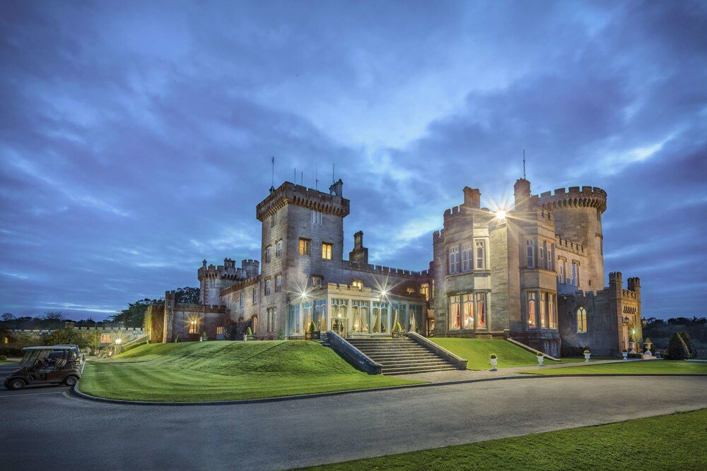Castle-like building with a grand entrance at Dromoland Castle, County Clare