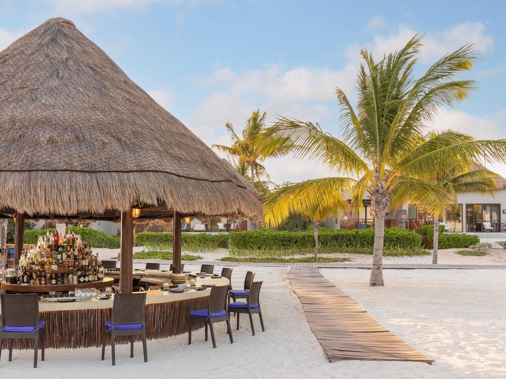 Beachside bar with a thatched roof