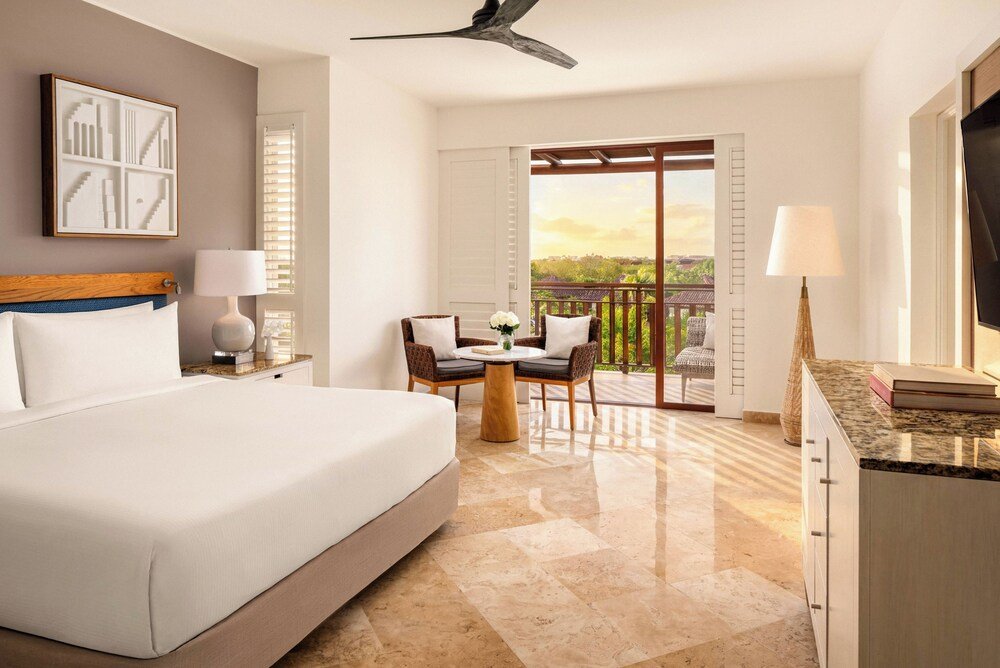 Hotel room with a large window