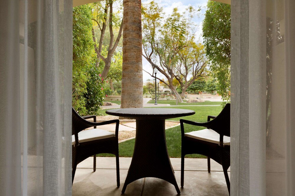 Outdoor patio with a round table