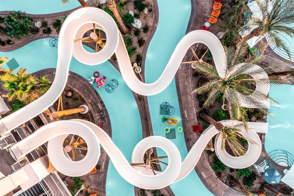 Water park with several slides and pools at the resort