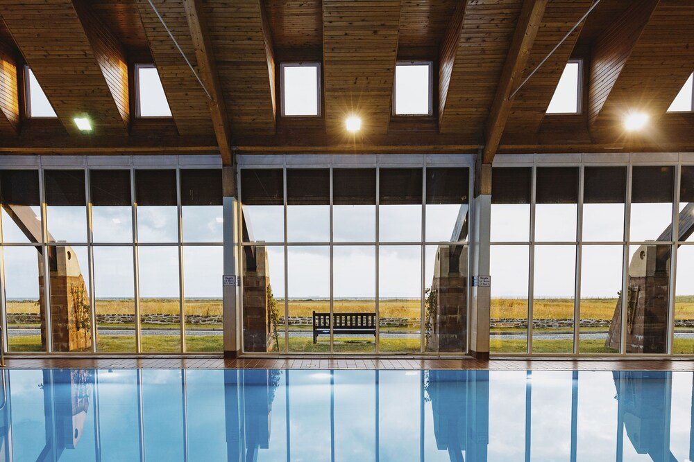 Indoor swimming pool with a wooden ceiling and large windows