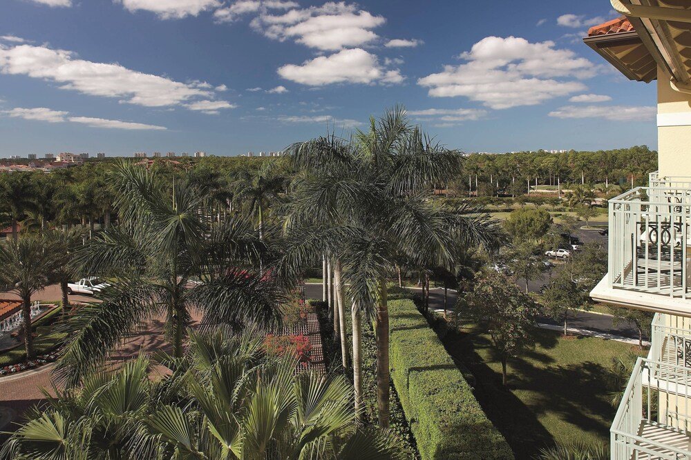 Landscaped area with palm trees and a balcony