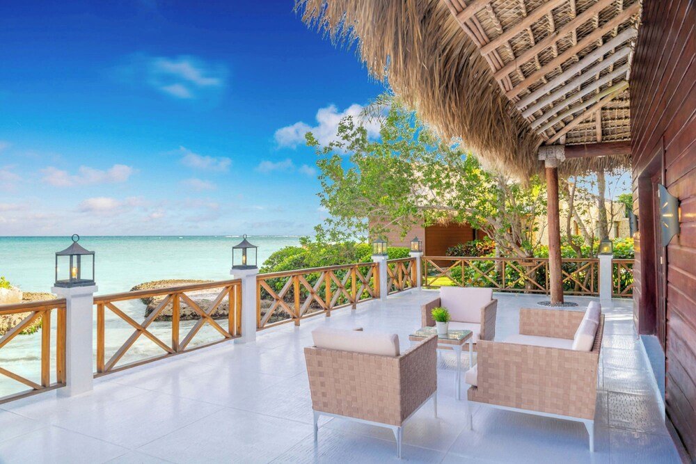 Seaside patio with wicker furniture