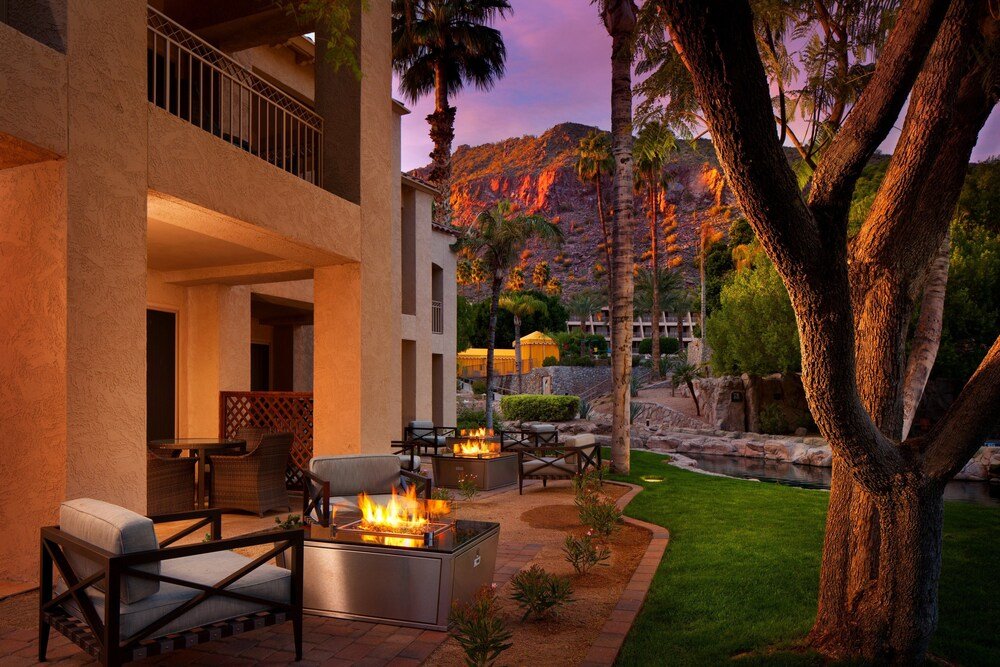 Outdoor patio with fire pits and seating