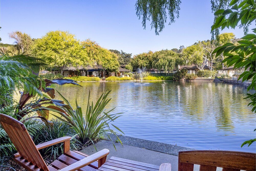 Quiet outdoor area with a pond and wooden chairs